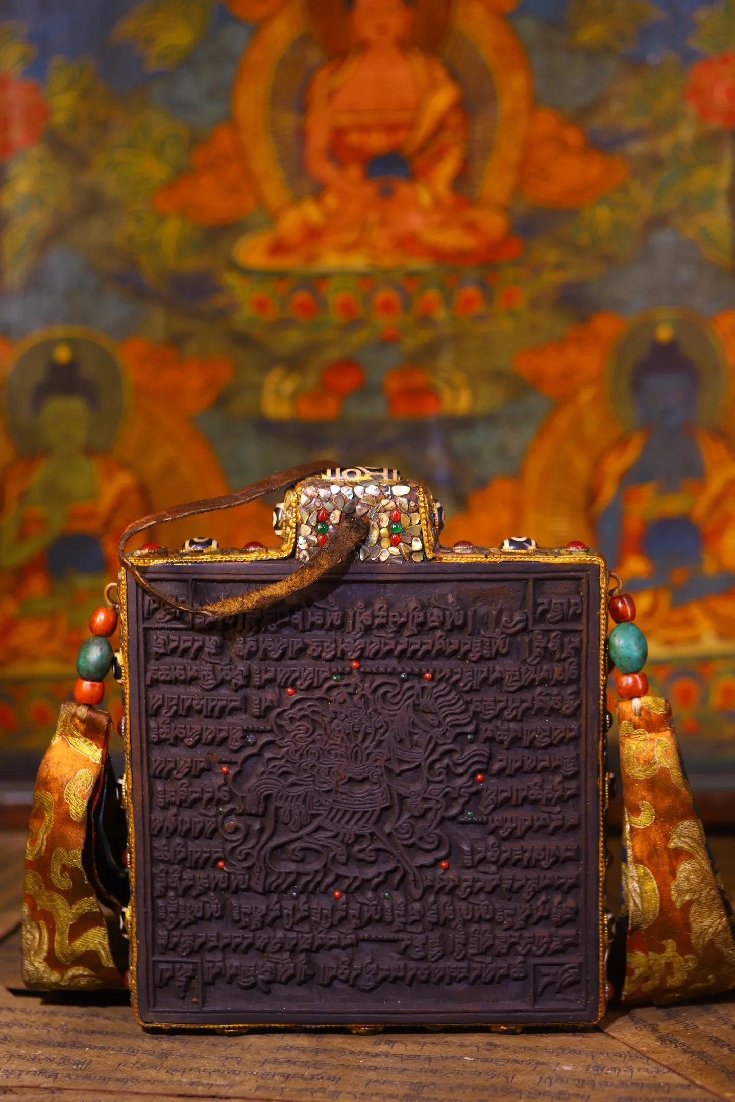Bodhi Root Mosaic Gem gZi Beads Turquoise Eight Treasure  Buddha Wheel Pattern Thangka Scripture Buddha Board hanging panel