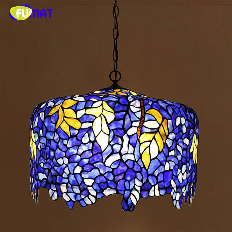 

FUMAT Tiffany Style Pendant Lamp Stained Glass Luminaria Luxury Blue Wisteria Shade Hanging Lights Fixture Living Bed Room Decor