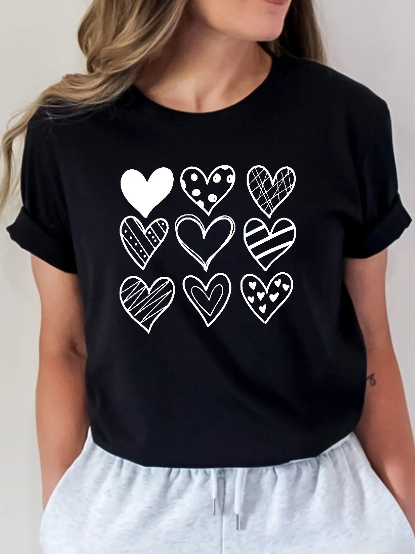 Hartenprint T-Shirt, Lente Zomer Casual Top Met Korte Mouwen En Ronde Hals, Dameskleding Shirt Femme