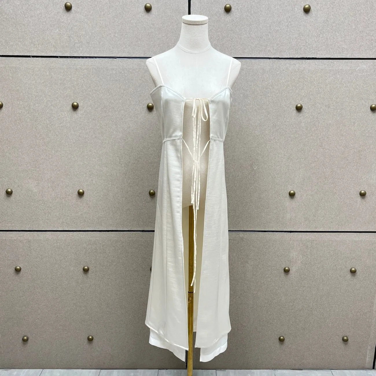 2025 New Arrival Beige Satin Maxi Dress - Double-Layered Tied Spaghetti Strap & Side Slit