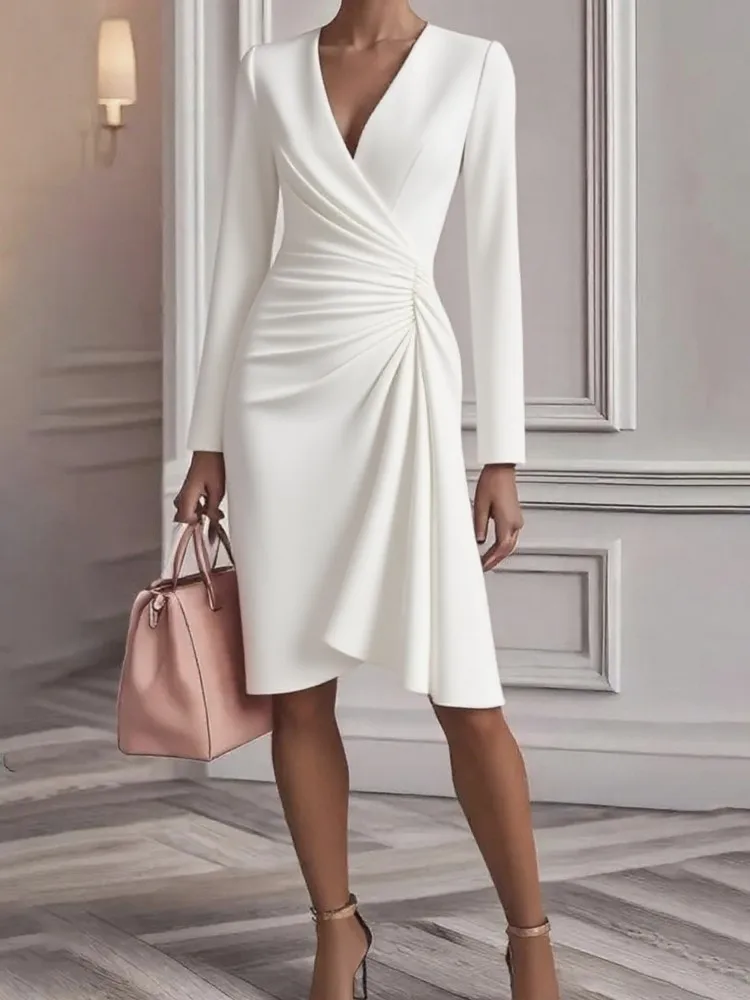 

Модное платье с v-образным вырезом для женщин, элегантное однотонное свободное платье с длинным рукавом и высокой талией, Vestidos Robe Femme Chic High Street Clothes