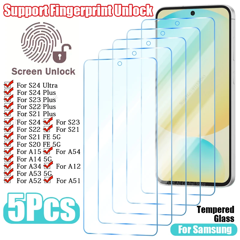 5PCS Vingerafdruk Ontgrendelen Gehard Glas Screen Protector Voor Samsung Galaxy S24 Ultra S23 S22 S21 Plus A15 A14 A54 A53 S20 S21 FE 5G A52 A34 A51 A12