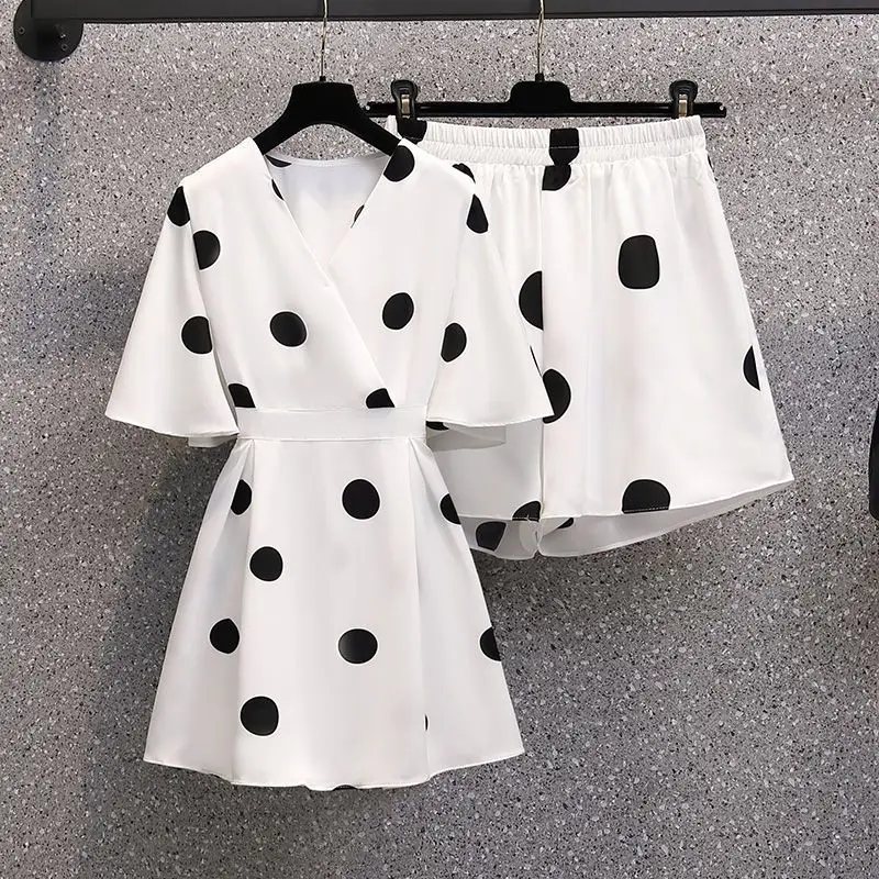 Women Matching White Outfits 2025 Summer New Fashion Print Suit Collar Top Wide Leg Shorts Two Piece Set Leisure Office Clothing