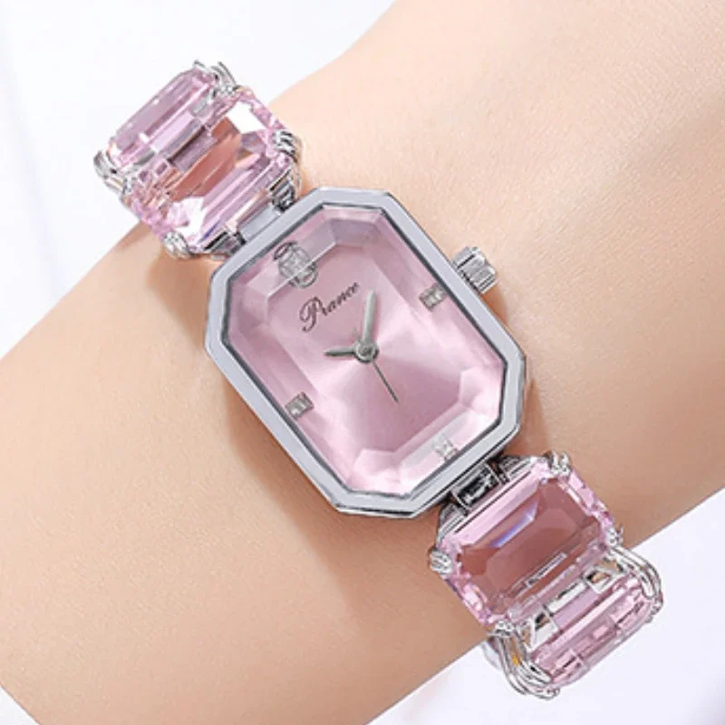 Fashion Brand Wrist Watch Women Girl Beautiful Rectangle Colorful Gems Design Steel Metal Band Clock