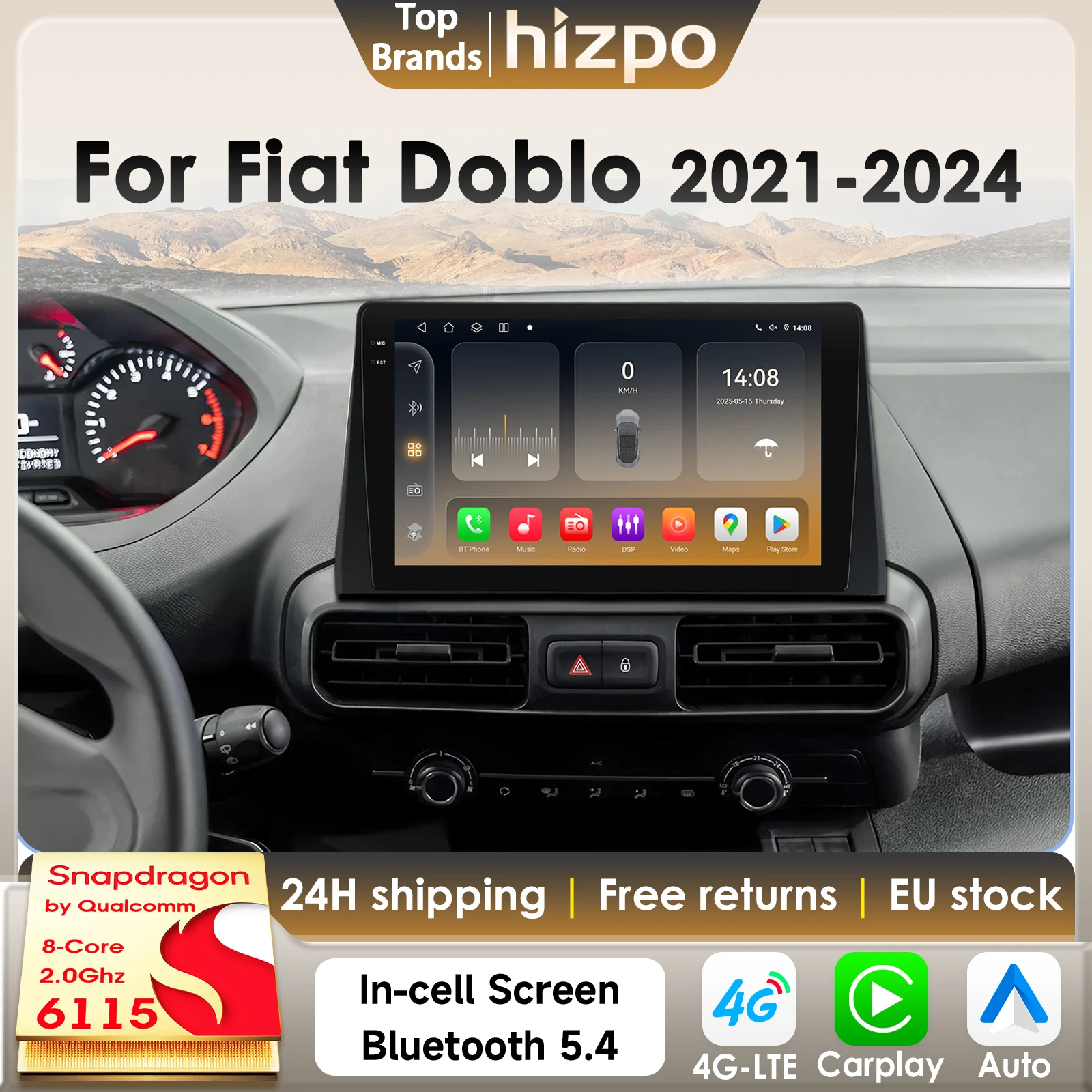 Hizpo 8G 128G 2Din Android 14 Autoradio Für Fiat Doblo 2021-2024 AI Auto Multimedia GPS 4G Carplay 360 Kamera Durch Snapdragon 6115