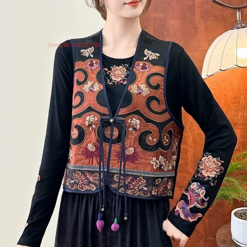

2026 винтажный атласный жаккардовый жилет с цветочной вышивкой, традиционный китайский народный жилет с v-образным вырезом, ретро куртка без рукавов, этнический жилет