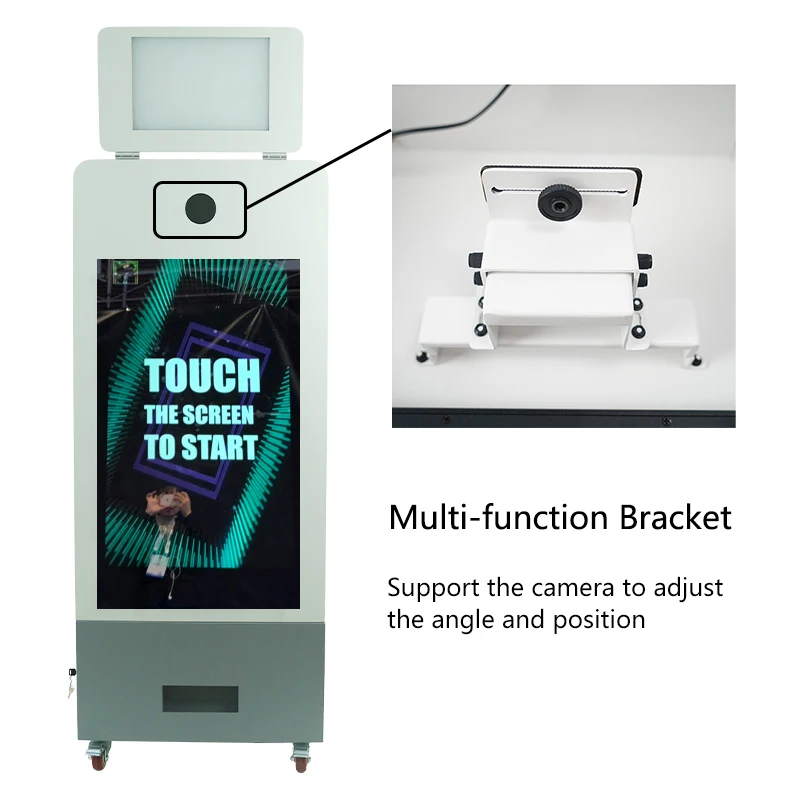 White 43-Inch Touch Screen TOPS RCM-430S Photobooth Machine with Printer Room and DSLR Camera for Wedding Selfies