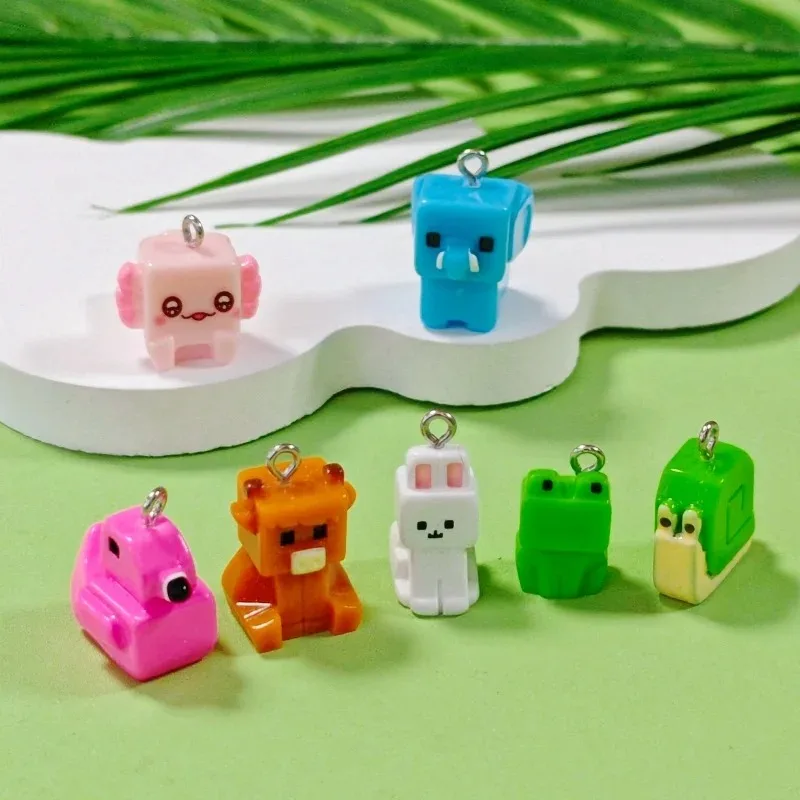 10Pcs Cartoon Animal Resin Charms Building Block Shaped Salamander Cow Frog Flamingo Rabbit Pendants Bulk for Earring Jewelry