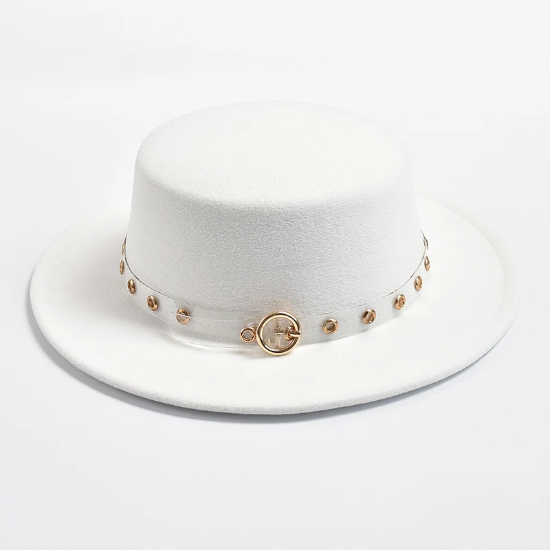 New Flat Top Fedora Hat for Women Metal Chain Decor Felt Jazz Hats Autumn Winter Elegant Wedding Party Hat Chapeau Femme