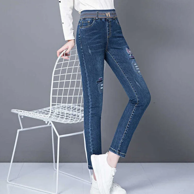 Imagem -02 - Calças Slim Fit com Bolsos para Mulheres Calças Skinny Jeans Azul Cintura Alta Tiro Stretch Médio Novo no Tamanho x Grande