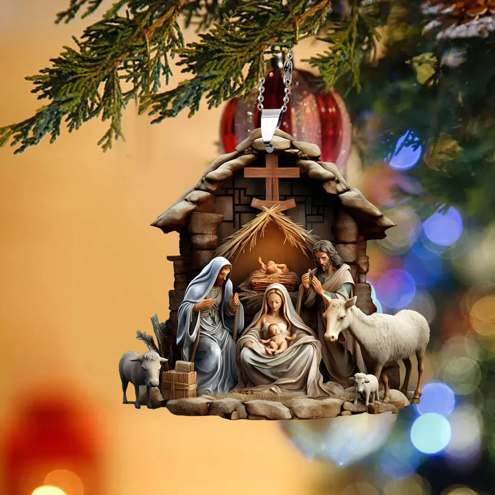 Christmas Tree Jesus Pendant Ornament Family Prayer Scene Pendant Bright Colored Car Decoration Pendant Home Decorations