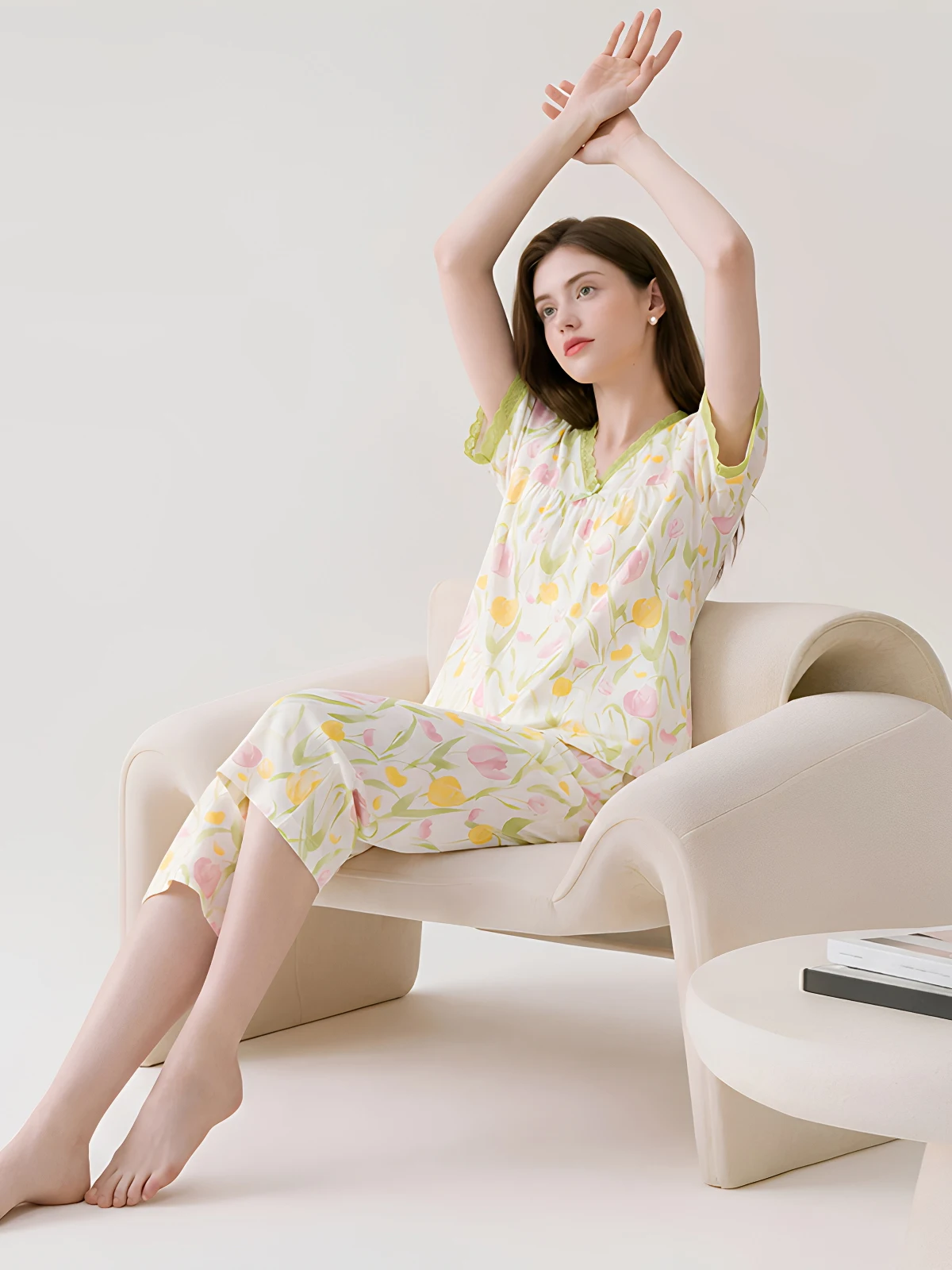 fenteng-anti-dust-mite-cotton-nightgown-women-summer-lace-short-sleeve-v-neck-home-clothes-floral-print-comfortable-sleepwear