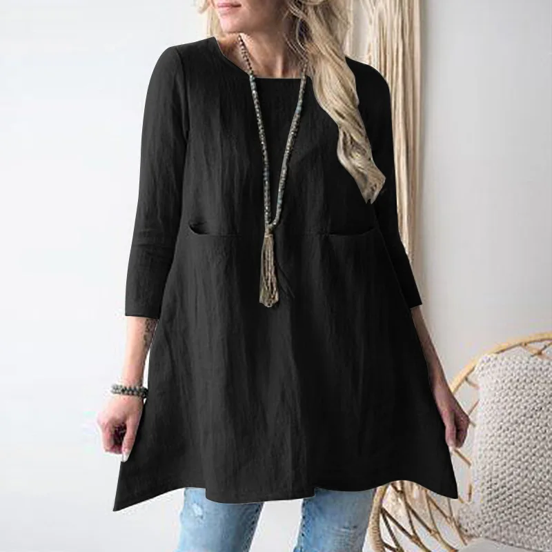 Plus Size Bluzka Odzież Damska O-Neck Top Bawełniana Lniana Koszulka Solidna Casualowa Koszula z Półrękawkiem Wiosna Lato Luźna Bluza