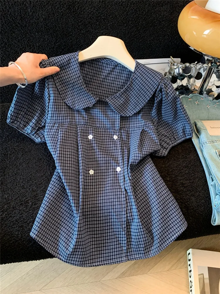 

Trendy Plaid Bubble Sleeve Doll Collar Shirt Women's Summer New Design Double Buttoned Top Loose Fit Short Sleeve Casual Shirt