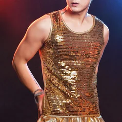 Mens Y2k Gold Sequin Vest Nightclub Personality Temperament Fashion Trend Stage Performance Clothing Tank Top Men 2024 Summer