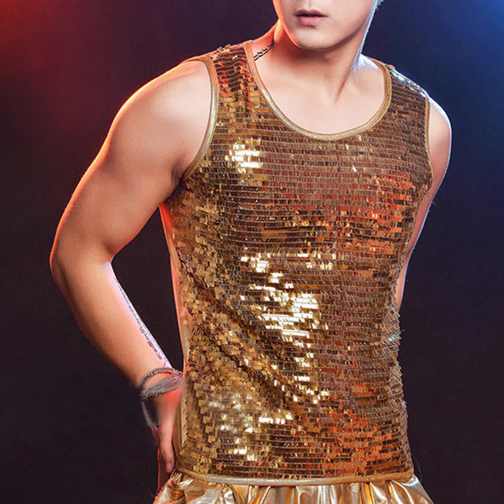 Mens Y2k Gold Sequin Vest Nightclub Personality Temperament Fashion Trend Stage Performance Clothing Tank Top Men 2024 Summer