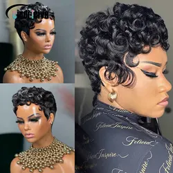 Short Curly Pixie Cut Human Hair Wigs For Black Women Natural Black Glueless Wig Peruvian Remy Bob Full Machine Made Wigs 150%