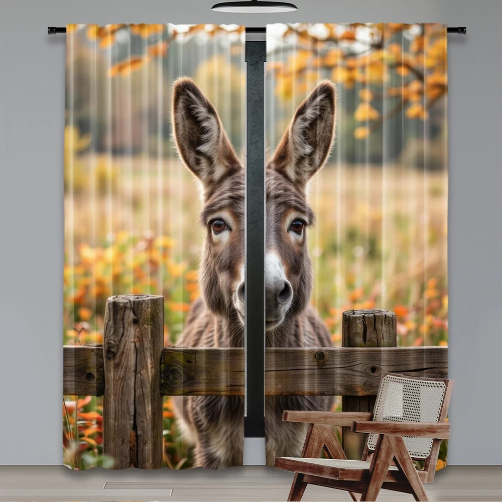 2D flat printing 2pcs Curtain Curtains Autumn Donkey Fence Digital Printed Polyester Drapes Festive Wall Decor for New Year and