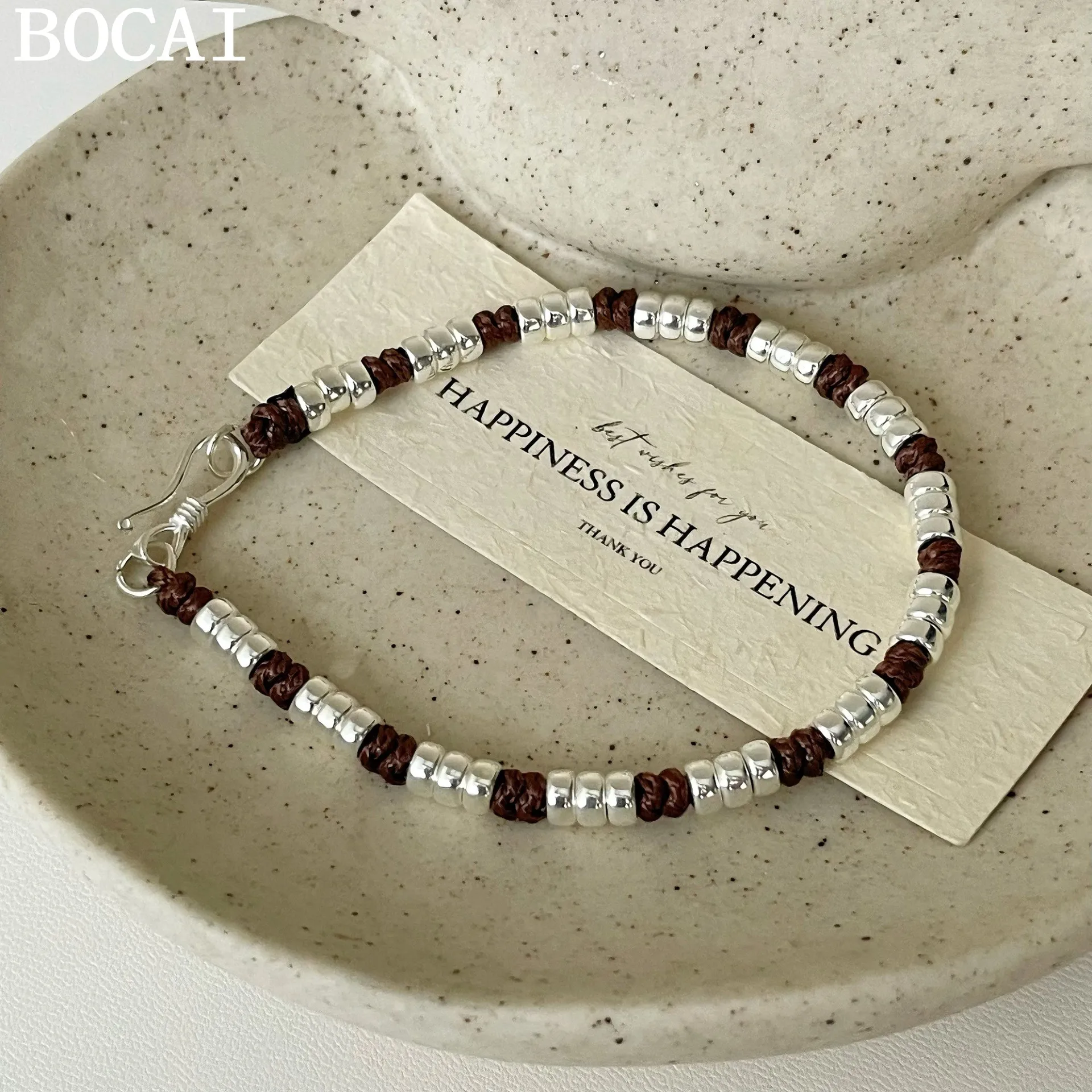 

BOCAI S925 Silver Vintage Fashion Weaving Wax Rope Silver Bead Bracelet Women's Gift
