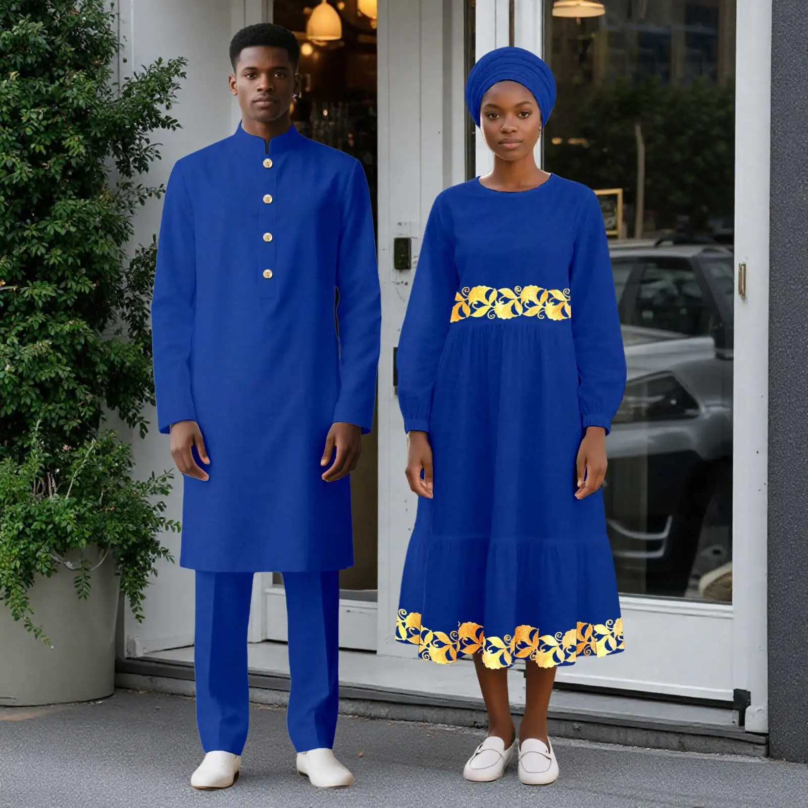 

DBQ Одинаковая одежда для африканской пары, золотой мужской пиджак длиной до колена, брючный костюм и женский повседневный миди с квадратным вырезом D77, BDC057