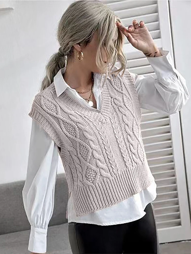 Grey Women\'s Ladies Fashion Sweater England Style Solid Color V-neck Sleeveless Vest Sweater Knitted Wool Sweater For Women