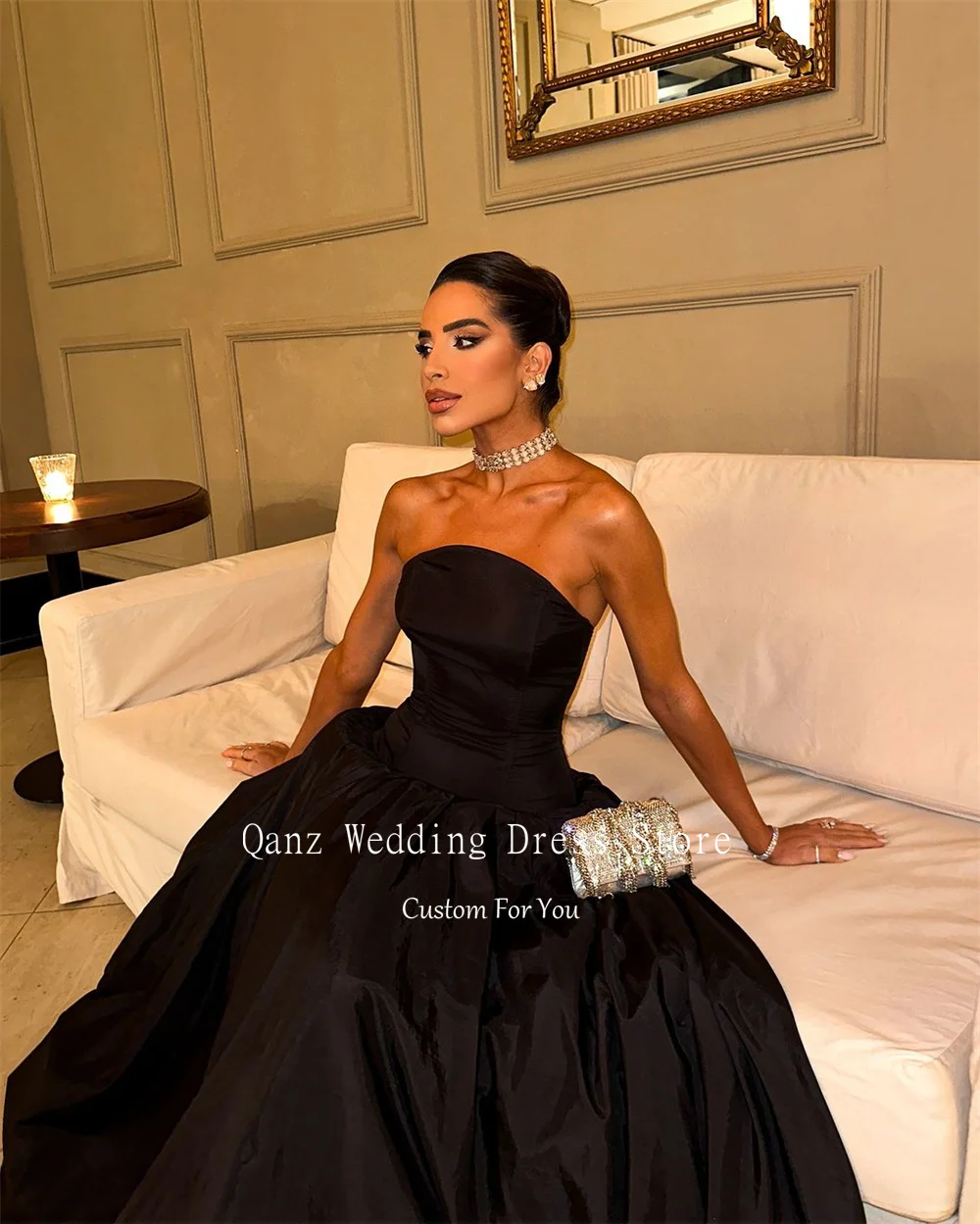 Qanz Modern Black Satin Formal Evening Dresses Strapless Floor Length Long Evening Dresses Luxury Dresses Women Customized