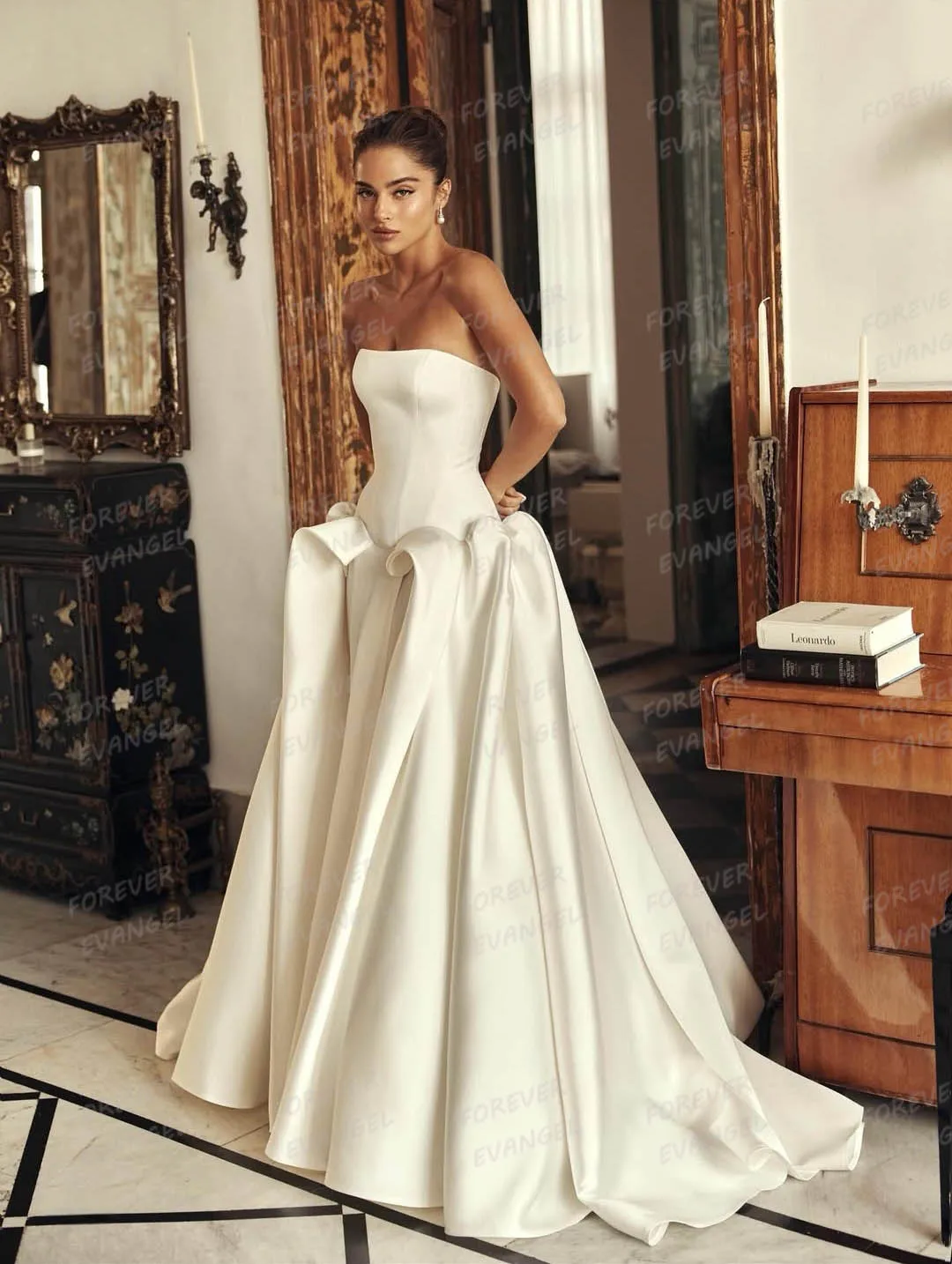 ชุดแต่งงานทรงเอไลน์แบบเรียบง่าย ผ้าซาติน สายเดี่ยว เปิดหลัง ไม่มีแขน ผ่าข้าง  สามารถสั่งตัดได้