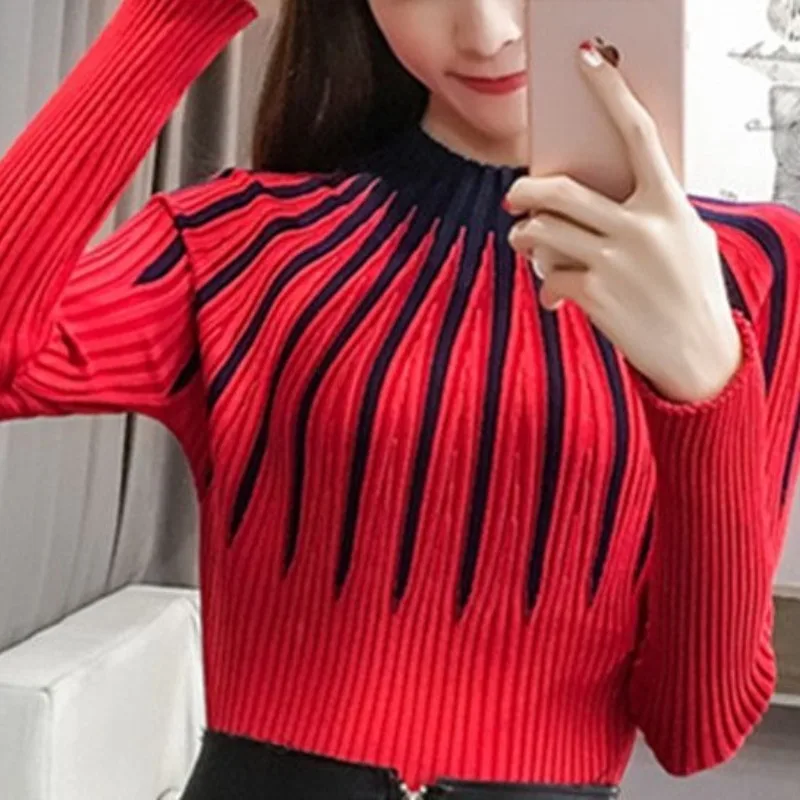 Autumn and Winter Women\'s Half High Collar Long Sleeve Slim Knitted Pullover Underlay All-match Fashion Casual Office Lady Tops