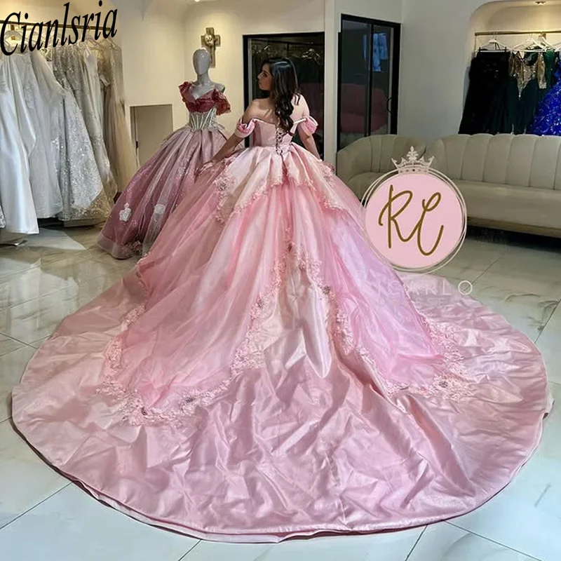 Pink Princess Sweet 16 Quinceañera Dresses Beaded Crystals Appliques Pearls Vestido De 15 Anos Custom Ball Gown Customized