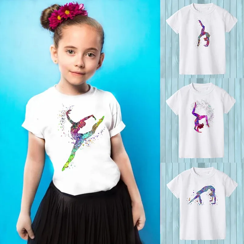 Gimnastyczka T-Shirt Femme akwarela tęcza gimnastyka artystyczna Tshirt dziewczyny letnie koszulki dziecięce koszula topy dziecko Streetwear Hipster