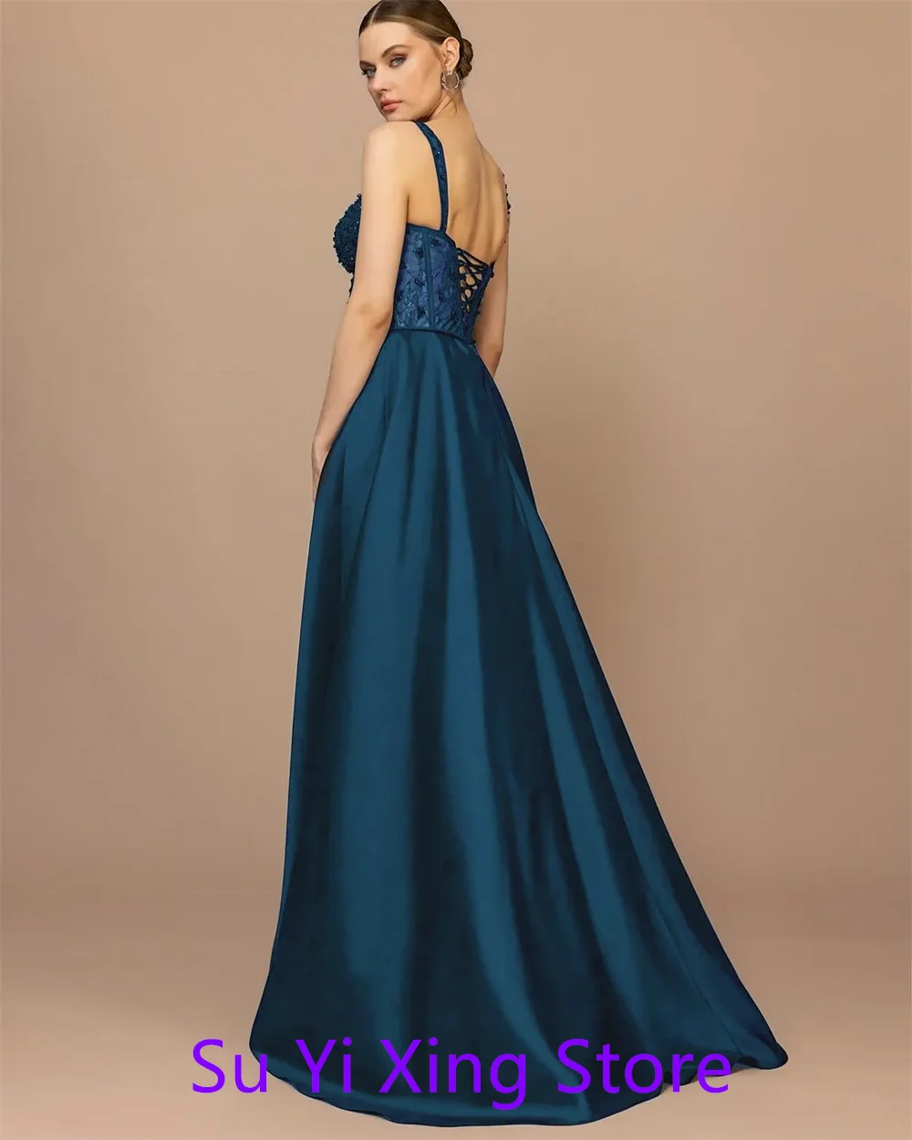 

Customized Exquisite pure Satin Celebrity Gowns Luxury Strapless Spaghetti Straps Crystal Side Slit Lace Up Back Prom Dress