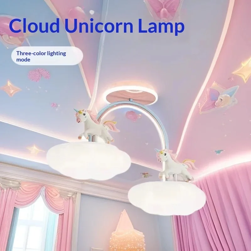 Eye-friendly Full Spectrum LED Iron Unicorn Pendant Light, Cartoon Cloud Design Cute Princess Lamp for Girls Bedroom Kids Room