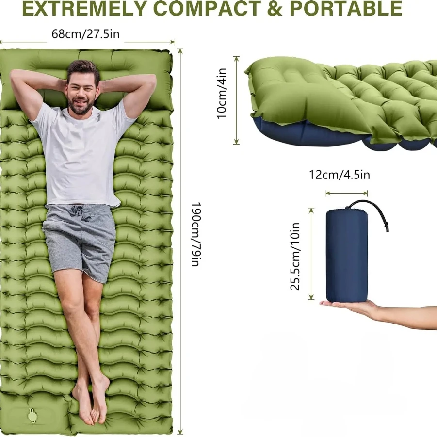 

Outdoor camping super thick 4-inch inflatable sleeping mat with built-in pillow and pump air mat for travel hiking climbing