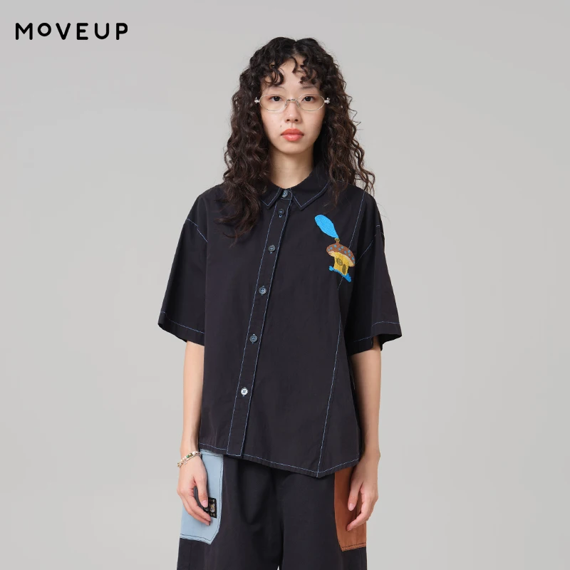 MOVEUP Loose Short Sleeved Shirt 2026 Summer New Pure Cotton Mushroom Embroidery Asymmetric Slit Hem Shirt For Women 3ELX20437