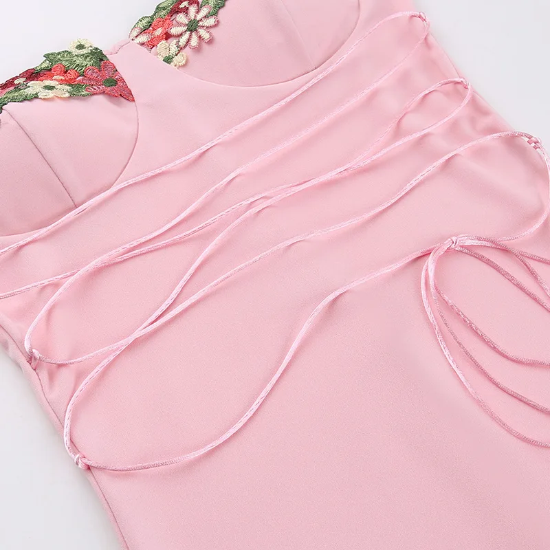 2024 Flowers Spaghetti Strap Bodycon Sexy Dress Pink Drawstring Ankle Length Long Dress Summer Sleeveless Holiday Dress Vestidos