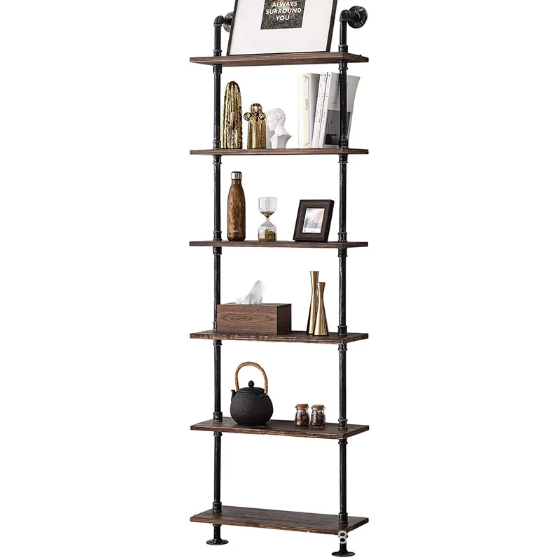 Living room iron art water pipe storage rack storage rack, home study floor to floor wooden bookshelf