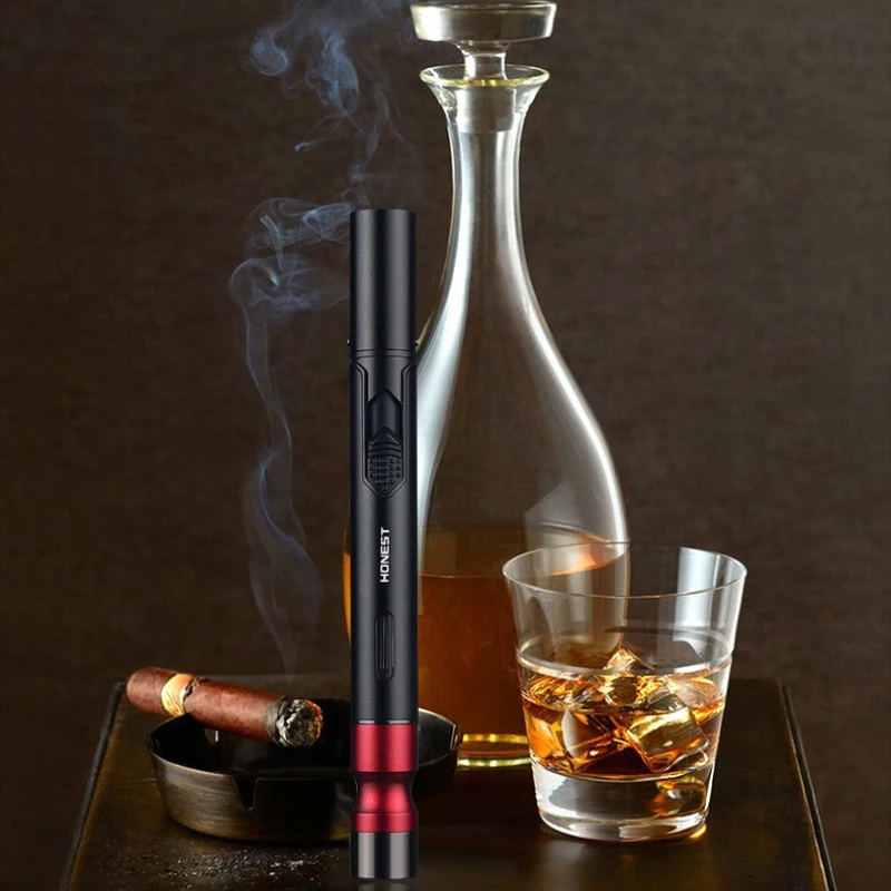 Pen Shaped Cigar Lighter, 5 in 1 Butane Lighter With Punch, Draw Enhancer, Holder and Twin Nubber, Refillable Windproof Torch