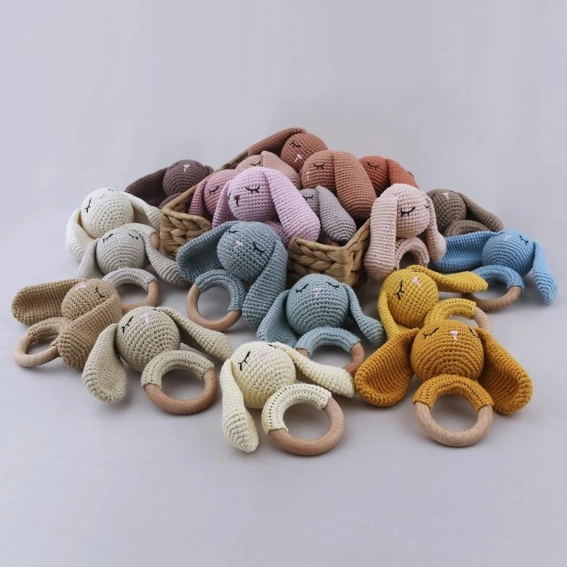 

J15U 1pc Wooden Crochet Bunny Rattle Toy BPA Ring Baby Teether Handbell Baby Gym Mobile Rattles Newborn Toy