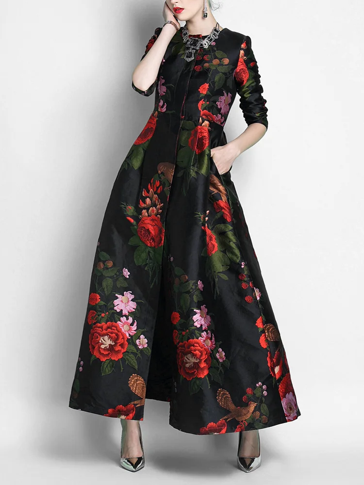 Good Quality Brocade Women Long Trench Coat Jacket Gorgeous Maxi Autumn Winter Overcoat Floral Fashion Outfit Party Clothes