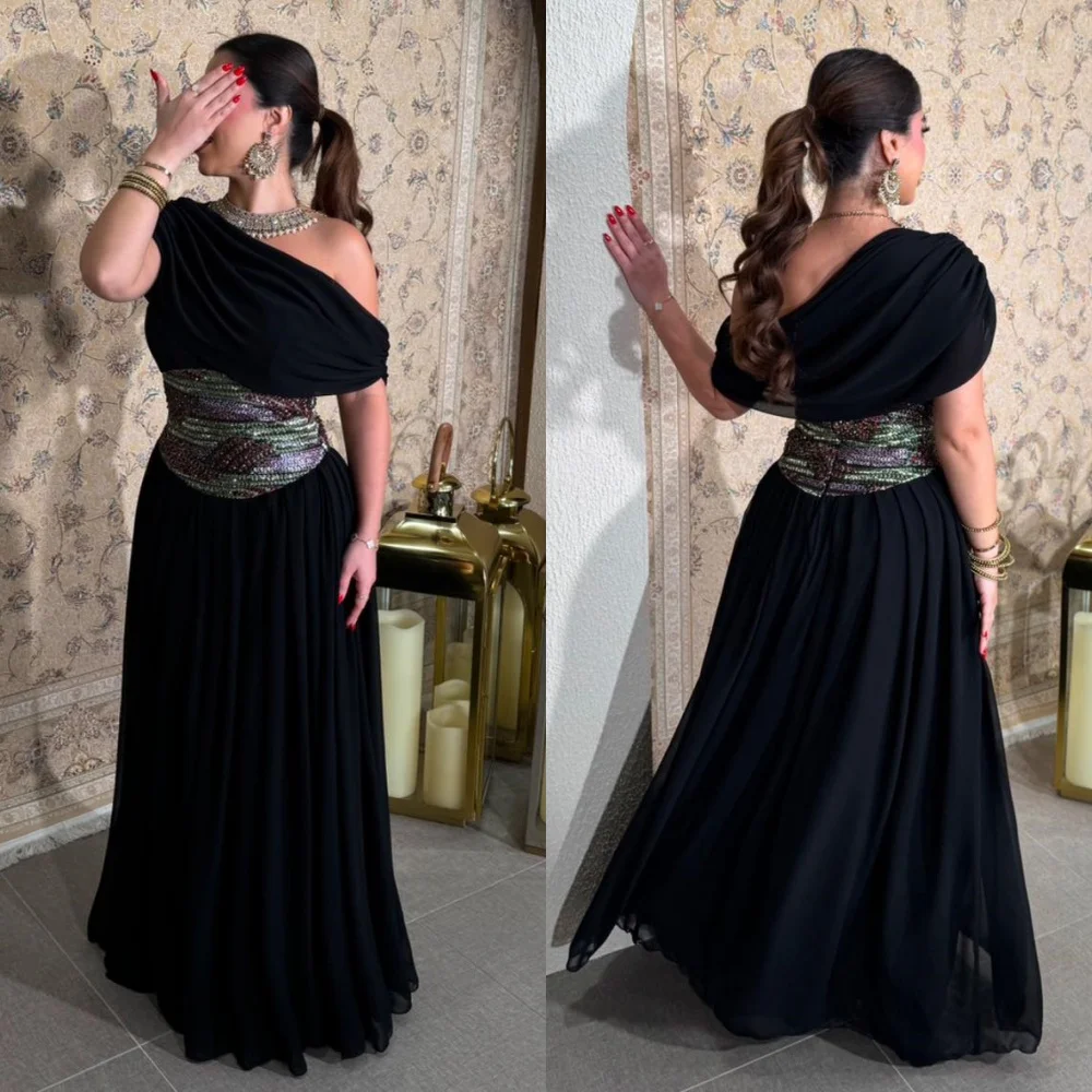 Matching Simple Chiffon Pleat Sequined A-line Off-the-shoulder Midi Dresses Bespoke Occasion Formal Saudi Arabia