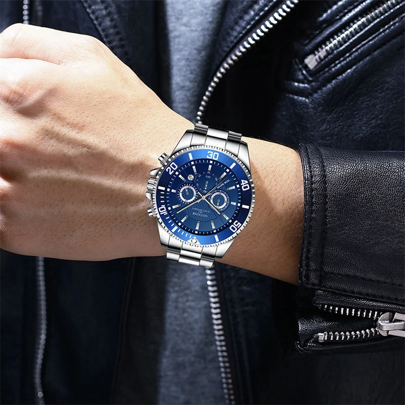 NOTIONR Luxury Men Blue Business Watches Fashion Mens Stainless Steel Quartz Watch Man Casual Luminous Clock montre homme