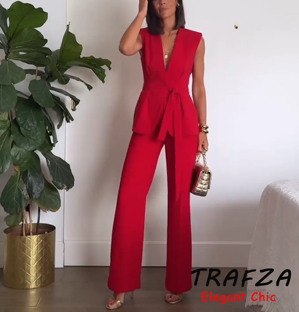 

TRAFZA Women Red Belt Sleeveless O-Neck Vest+Bell Bottom Pants Set New 2025 Spring Summer Fashion Holiday Festival Belt Set