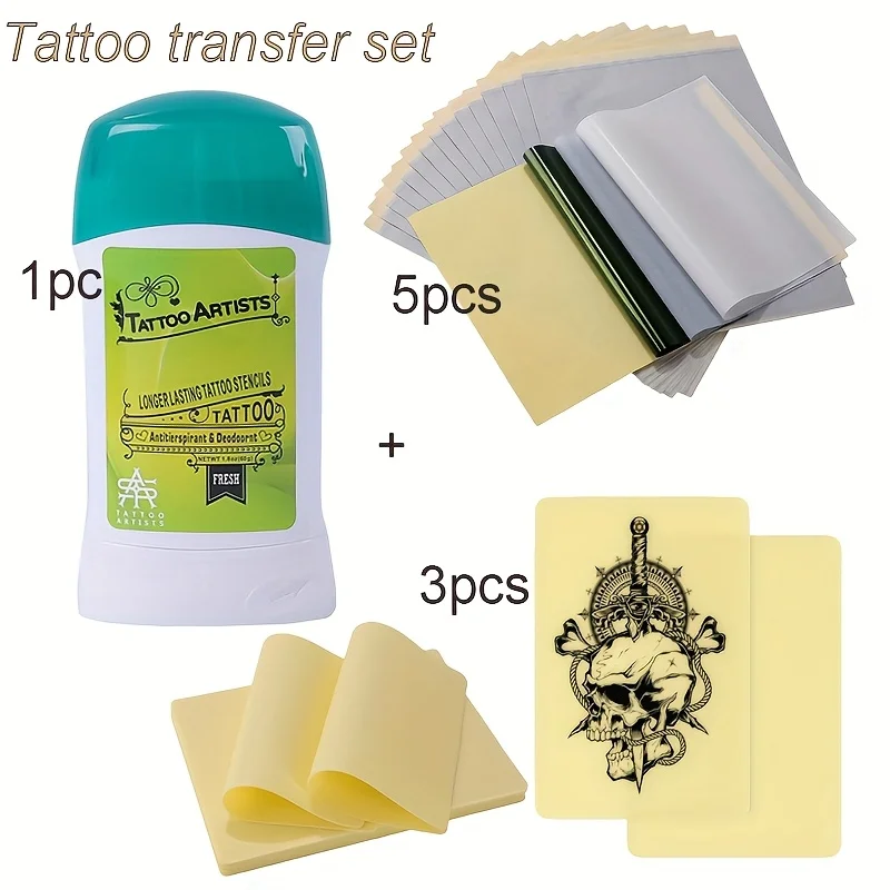 

Популярный набор для переноса татуировок: 51 г крема для переноса татуировок, 5 листов бумаги для квадратного переноса, 3 тренировочные накладки для татуировок.