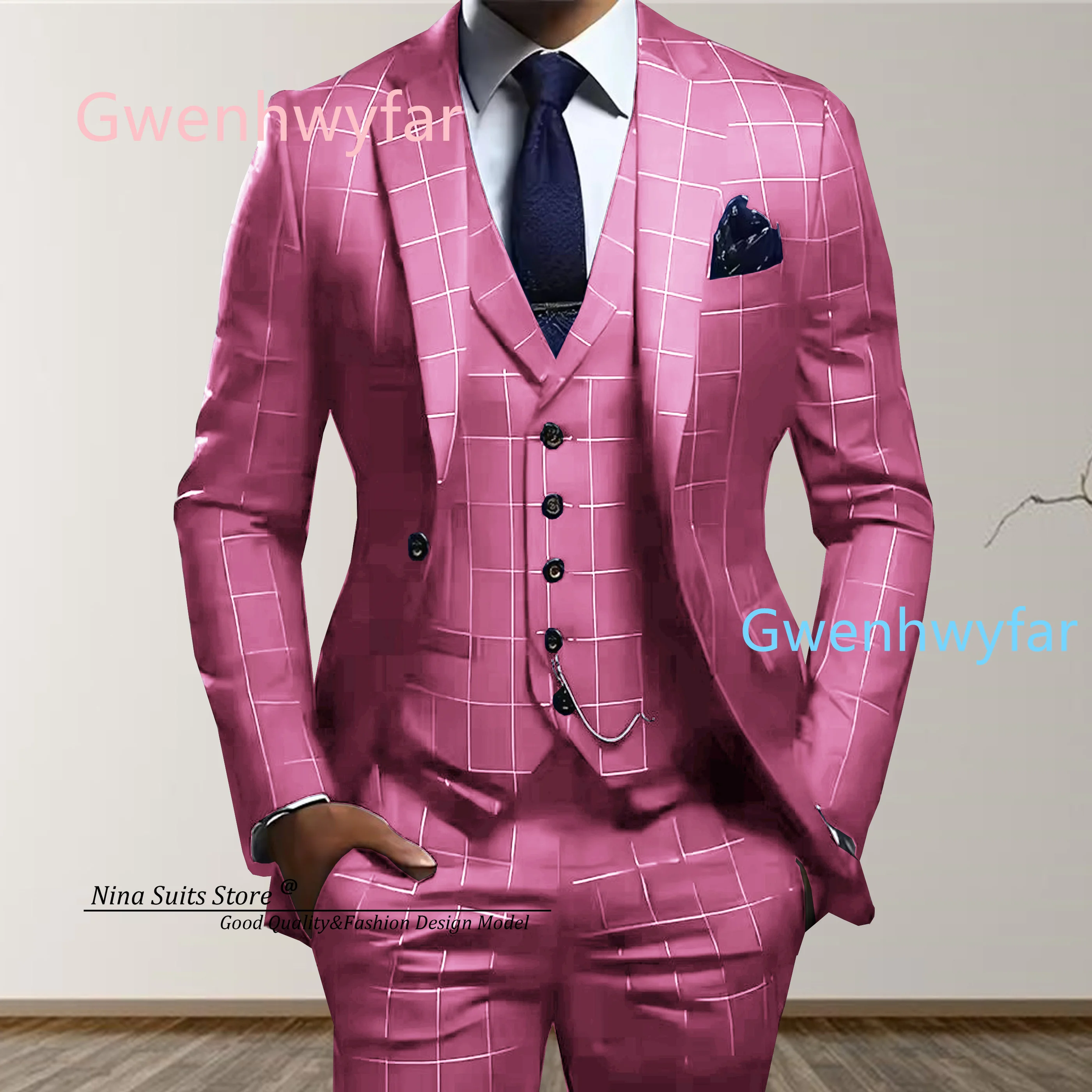 Nina Store 2026 Spring New Pink Plaid Men's Suit 3 piece Suit Business Work Clothes Party Groom Wedding Tuxedo Custom Male Suits