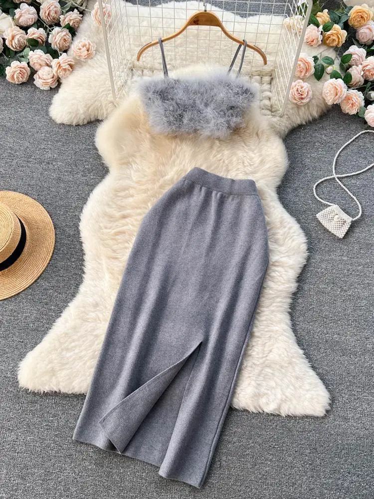 Tops cortos de felpa sin mangas para mujer, conjuntos de falda dividida de cintura alta elástica negra, conjuntos de dos piezas grises, rosa y Sexy, primavera y verano