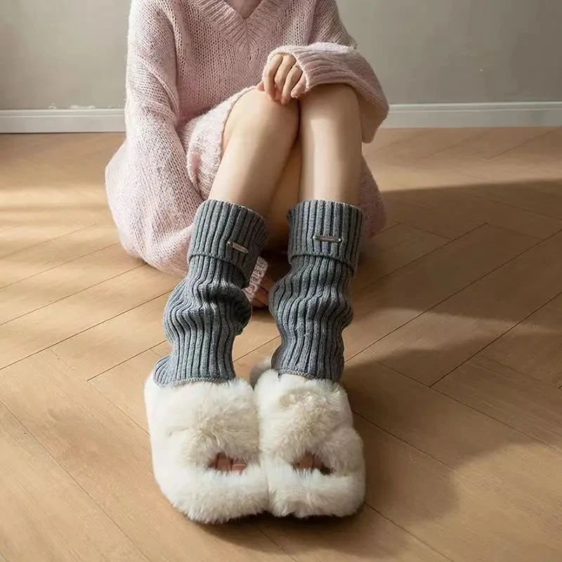 Leg Warmers Woman Autumn and Winter Knit Thick Warm Girls Lolita Socks Metal nameplate White Black Loose Leg Warmers