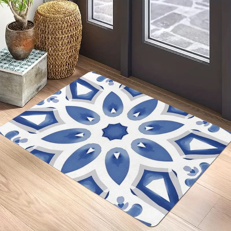 Blue White Pattern Carpet Mat - Symmetric Design Mediterranean Geometric Vintage Traditional Decorative Home Decoration Rug