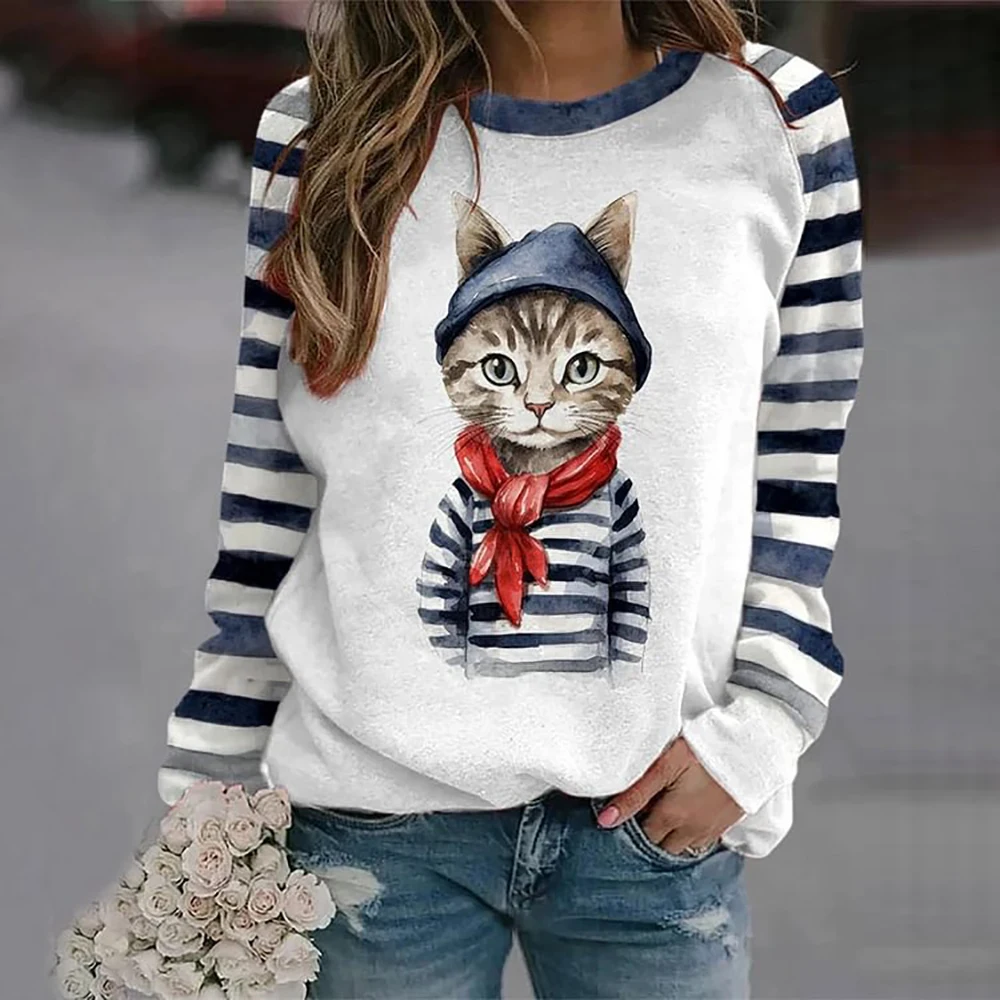 T-shirt a maniche lunghe in cotone per donna Divertenti felpe con stampa di animali gatto Kawaii Felpa da donna con pullover con o-collo carino