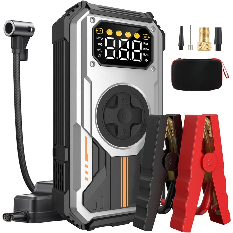 

Portable Rechargeable Car Battery Jump Starter with Integrated Air Compressor for Emergency Vehicle Startups Supports Up to 7.5