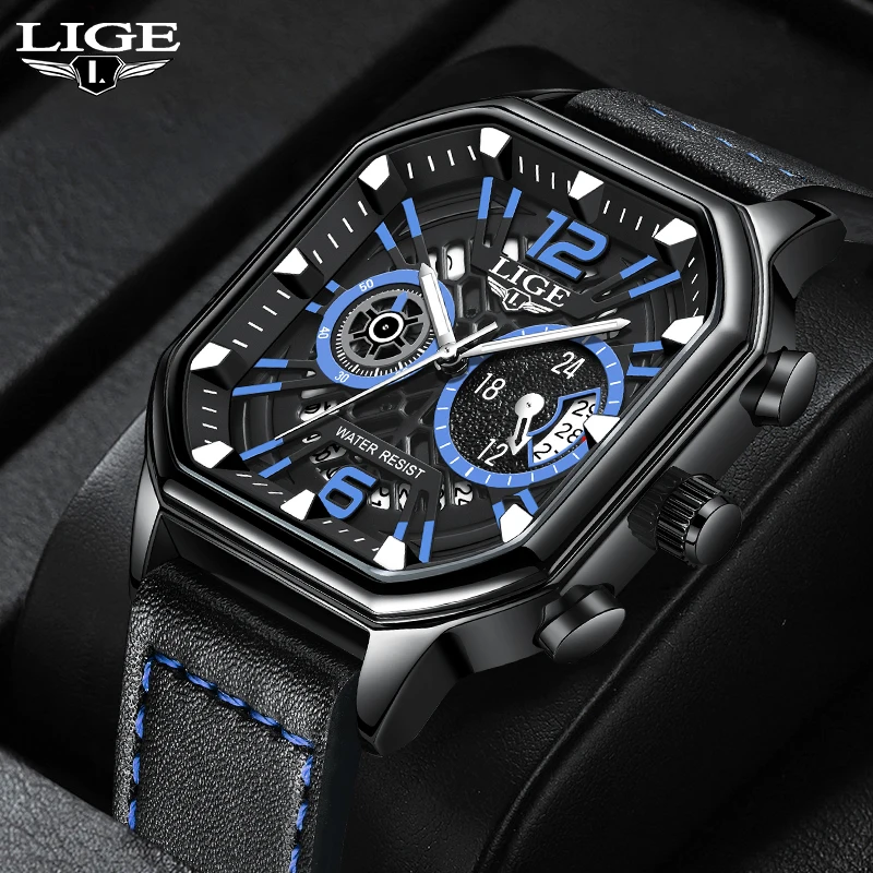 Reloj LIGE cuadrado de cuero de lujo para hombre, cronógrafo luminoso, relojes de pulsera de cuarzo, esfera pequeña, reloj de trabajo resistente al agua para hombre